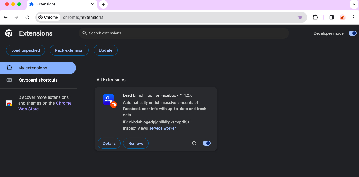Facebook Lead Enrichment chrome extension install done